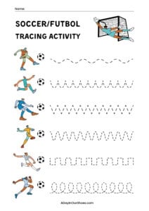 Running soccer tracing activity for kids, featuring children kicking soccer balls and a goalkeeper d.