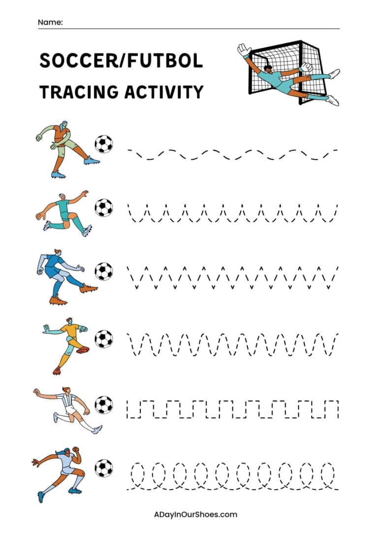 Running soccer tracing activity for kids, featuring children kicking soccer balls and a goalkeeper d.