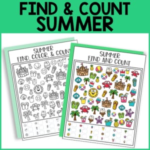 Two summer-themed activity sheets titled "find, color, & count" and "find and count" feature various colorful and black-and-white icons like sandcastles, suns, ice cream, and crabs for kids to count and color.