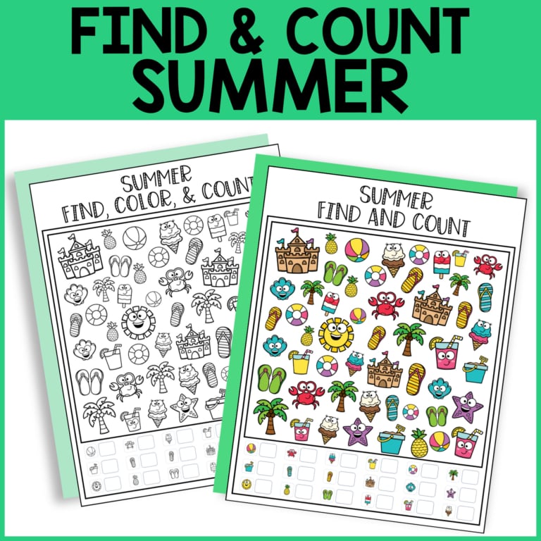 Two summer-themed activity sheets titled "find, color, & count" and "find and count" feature various colorful and black-and-white icons like sandcastles, suns, ice cream, and crabs for kids to count and color.