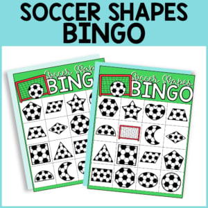 Two soccer shapes bingo cards are shown, each featuring a 5x5 grid of various geometric shapes filled with soccer ball patterns. This fun soccer bingo game is perfect for kids to build matching skills as they play. The title appears at the top in bold letters.