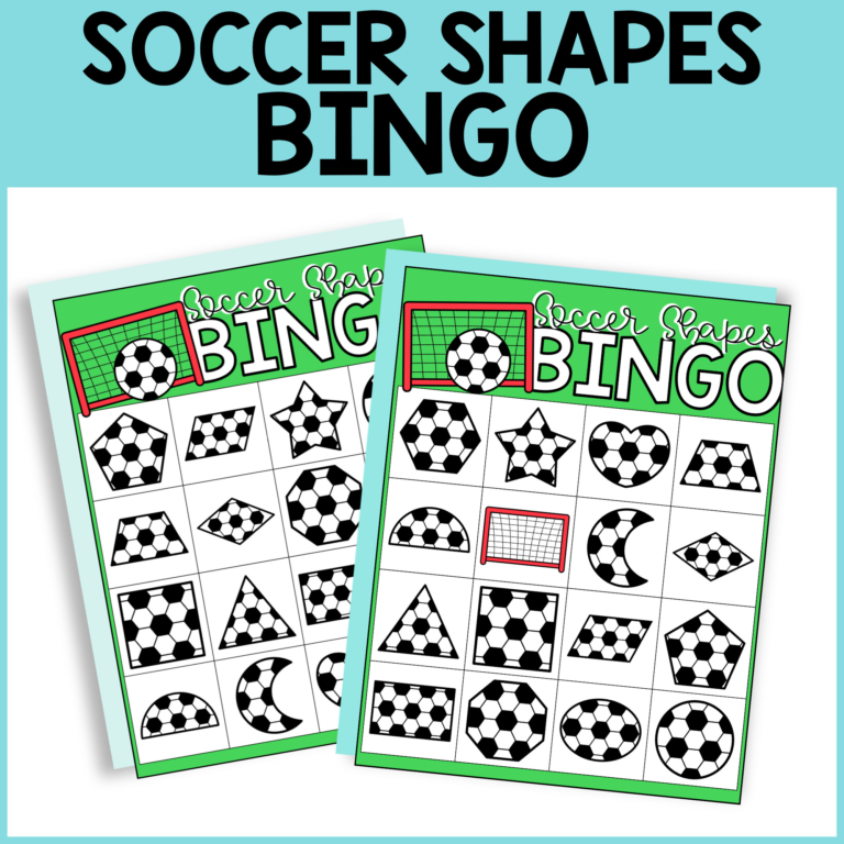 Two soccer shapes bingo cards are shown, each featuring a 5x5 grid of various geometric shapes filled with soccer ball patterns. This fun soccer bingo game is perfect for kids to build matching skills as they play. The title appears at the top in bold letters.