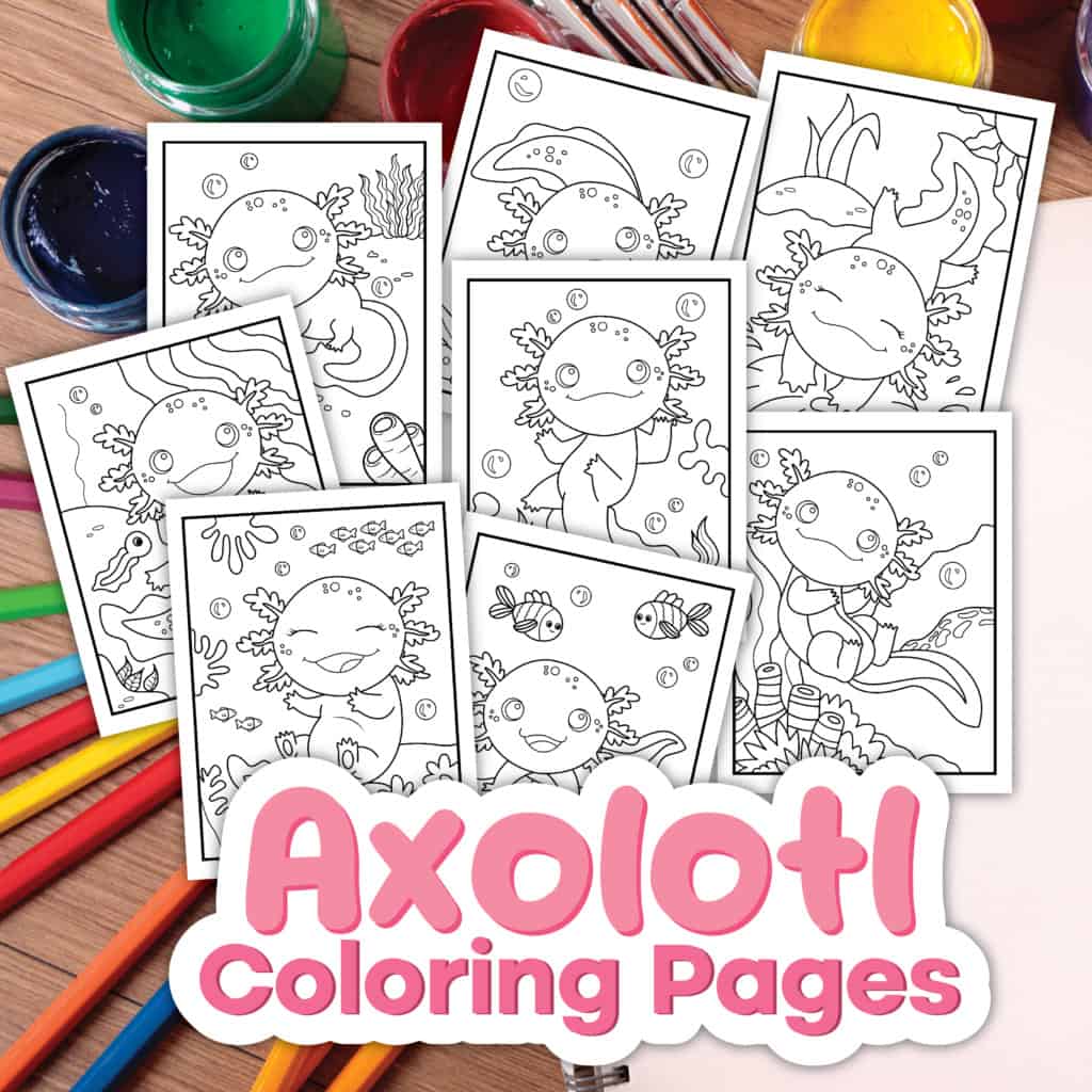 Axolotl coloring pages for kids with underwater scenes and cute designs.