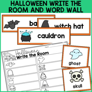 A halloween write the room printable worksheet featuring simple illustrations and words—bat, witch hat, cauldron, ghost, and skull. Includes matching images and spaces for students to write words or use as word wall cards.