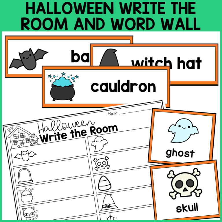 A halloween write the room printable worksheet featuring simple illustrations and words—bat, witch hat, cauldron, ghost, and skull. Includes matching images and spaces for students to write words or use as word wall cards.