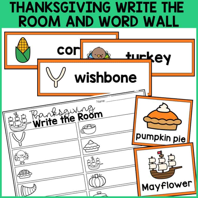 Colorful thanksgiving-themed worksheets and word cards featuring images and words like corn, turkey, wishbone, pumpkin pie, and mayflower—including thanksgiving word wall cards—plus a thanksgiving write the room printable activity sheet for students. Download as a free pdf to add festive fun to your classroom!.