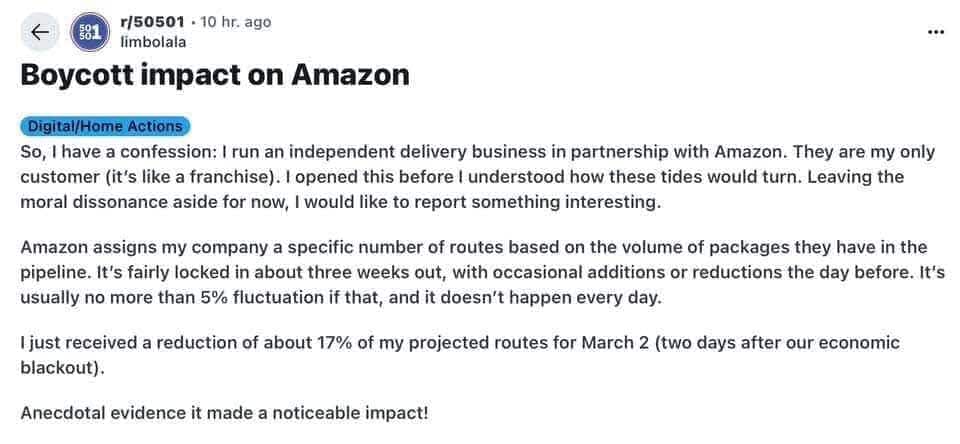 Boycott impact on amazon infographic showing delivery business effects.