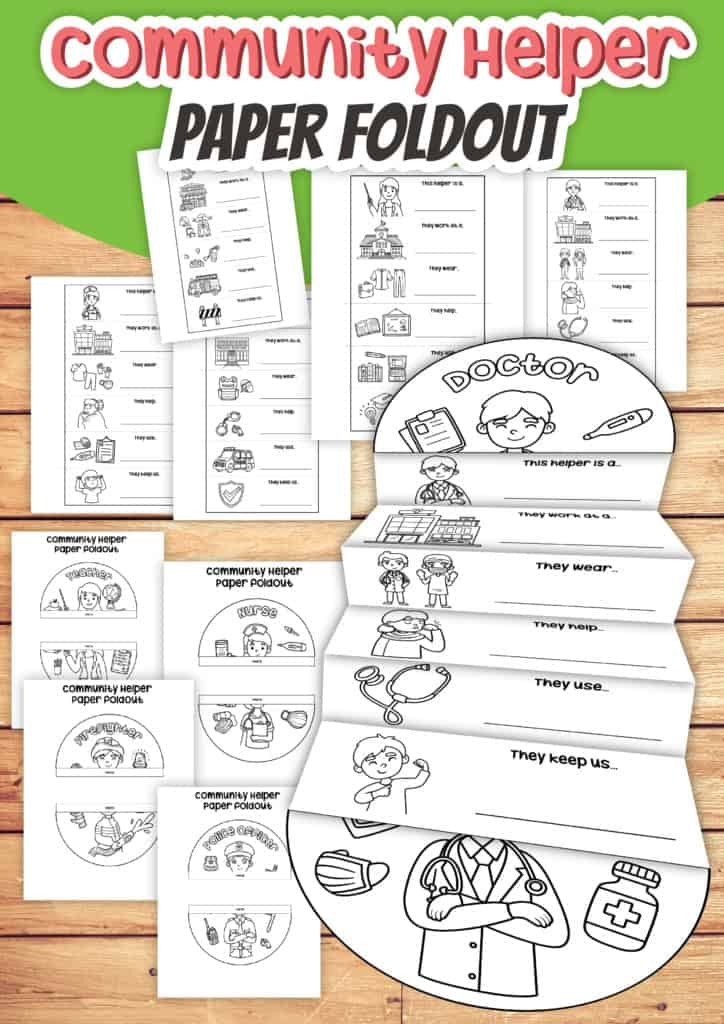 Printable community helper paper foldouts for preschool activities.
