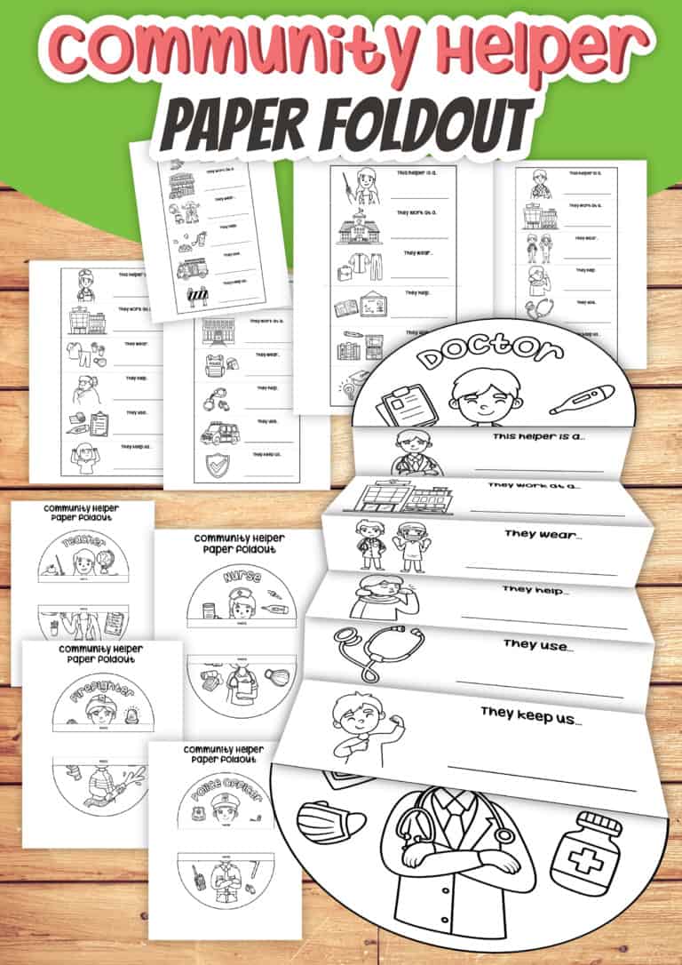 Printable community helper paper foldouts for preschool activities.
