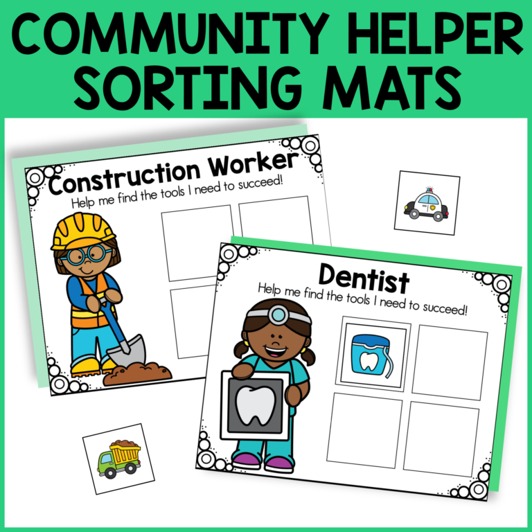Two illustrated sorting mats for kids titled "construction worker" and "dentist," each with a cartoon character and empty squares to match tools or items related to their jobs. Small item cards, like a dump truck and tooth, are shown.