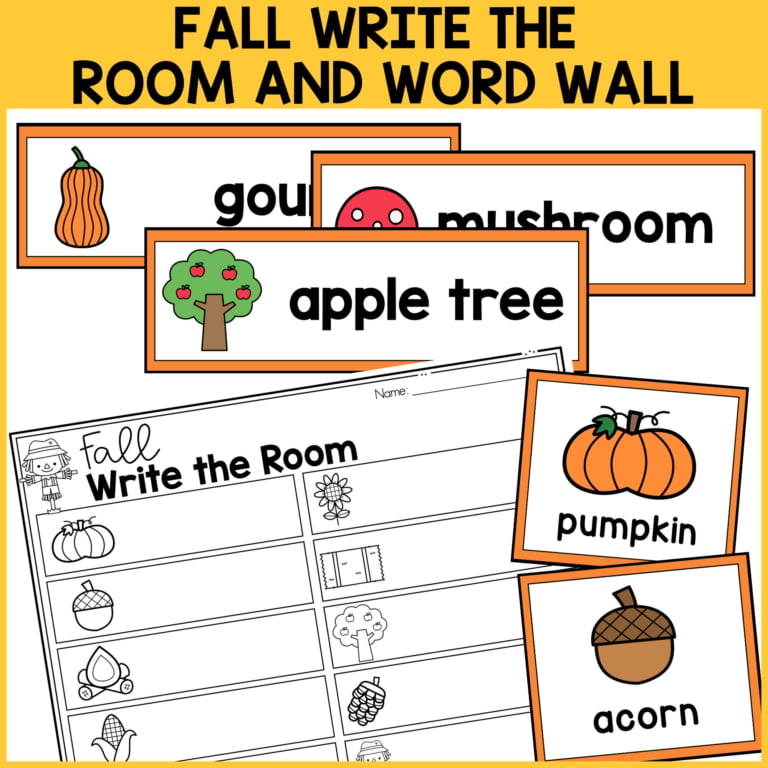A worksheet titled "fall write the room" with illustrated cards for fall words like gourd, mushroom, apple tree, pumpkin, and acorn, each with matching images. The background is yellow with bold black text.