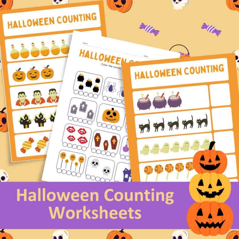 Halloween counting worksheets for preschool and kindergarten activities.