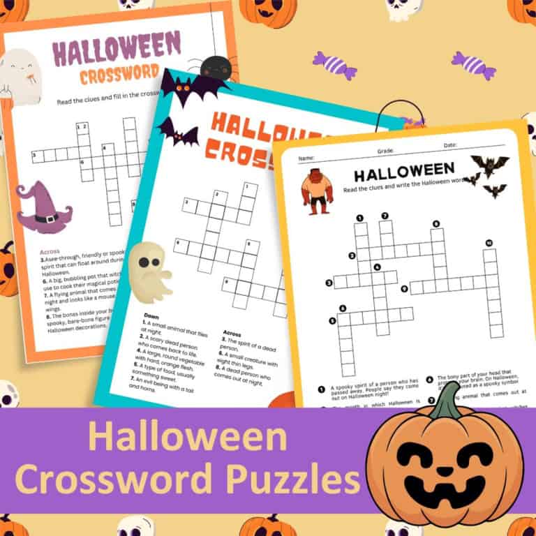 Halloween crossword puzzles for kids with festive decorations and themed graphics.
