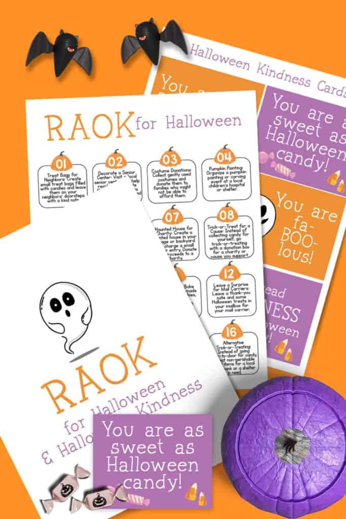 Halloween kindness card printables for kids, featuring a list of 12 "random acts of kindness," a cute ghost, bats, and wrapped purple candy—all with festive halloween designs and encouraging messages. Perfect for halloween kindness activities, these free printable cards make sharing joy easy and fun!.