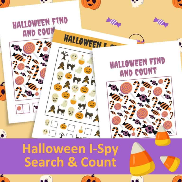 Halloween i spy search & count worksheet with spooky themed images for kids.