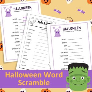 Halloween word scramble activity sheet with spooky illustrations and a green frankenstein character.