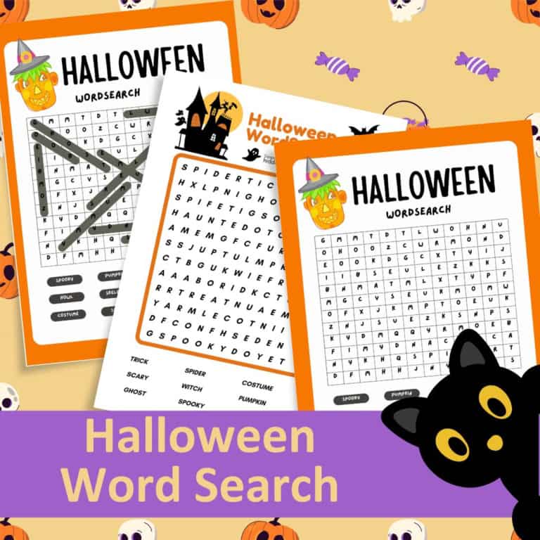 Halloween word search printable for kids with spooky themed design.