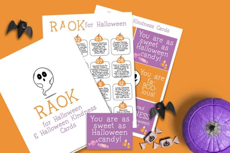 Halloween kindness activities for kids! This free printable set includes raok (random acts of kindness) sheets, kindness cards with candy images, halloween candy, a purple pumpkin, and two bat decorations on an orange background—perfect for encouraging little ones to spread kindness this spooky season.