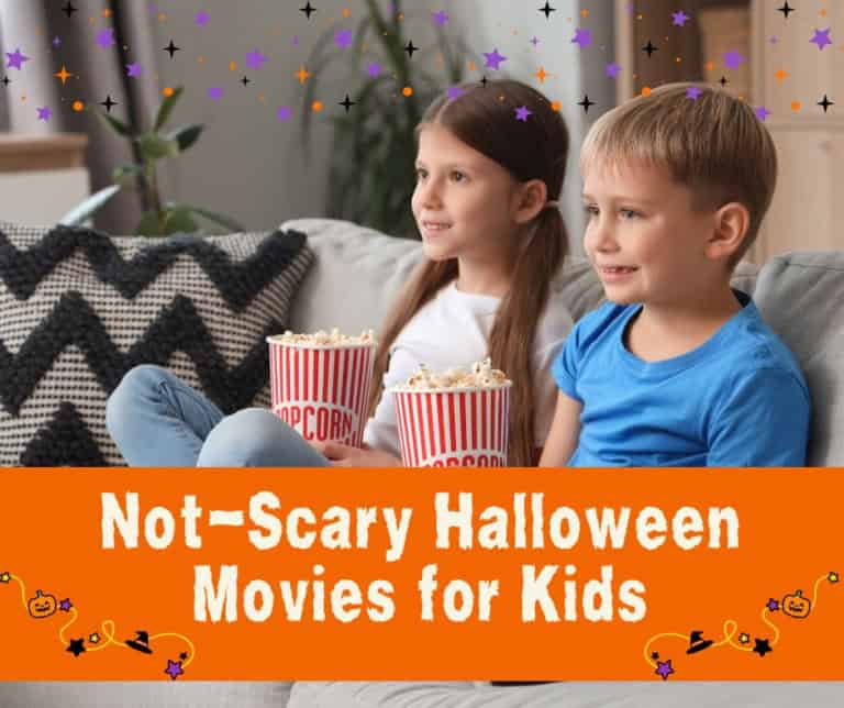Kids watching a halloween movie with popcorn, celebrating a fun, non-scary halloween night.