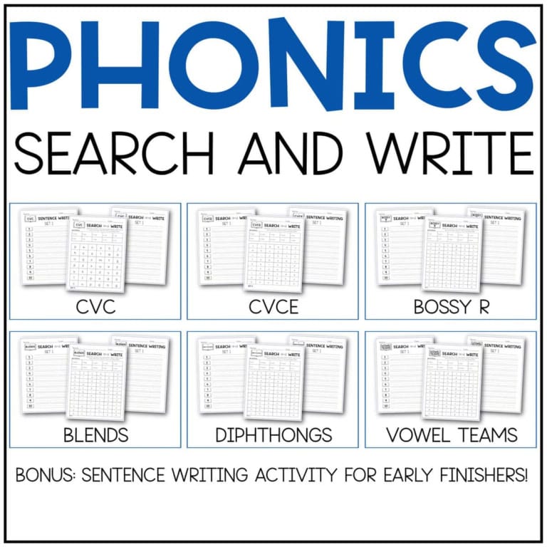 Phonics search and write worksheets for cvc, cvce, and silent e activities.