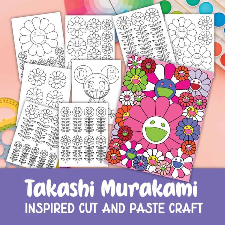 Colorful takashi murakami inspired flower craft printable sheets for kids.