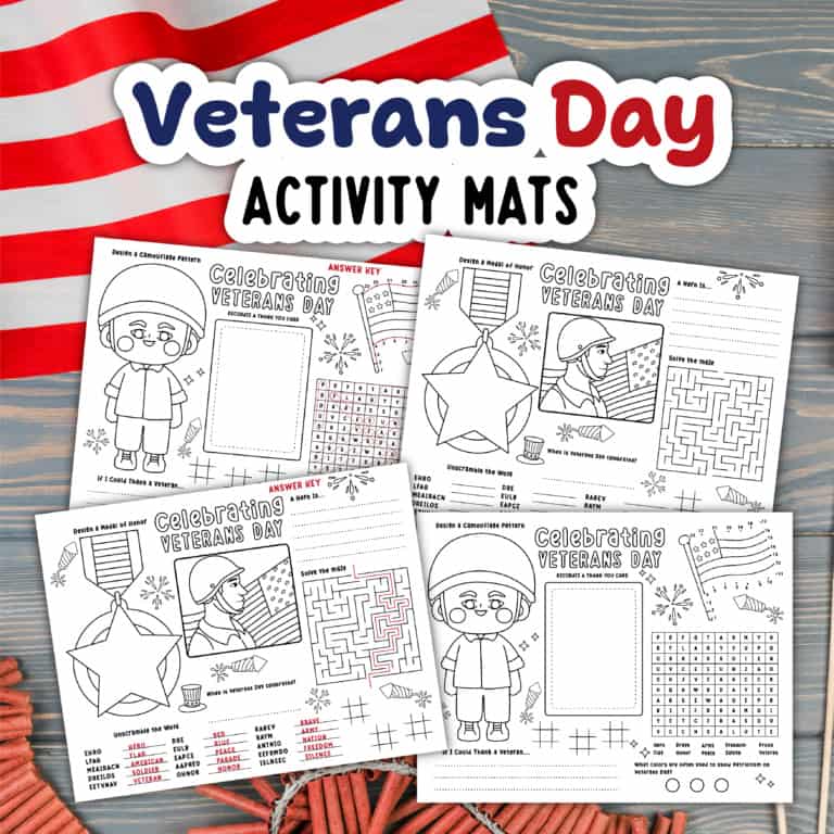 Printable veterans day activity mats for students with patriotic themes and puzzles.