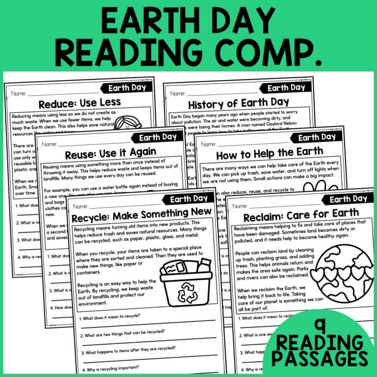 Earth day reading comprehension: 9 printable passages and worksheets