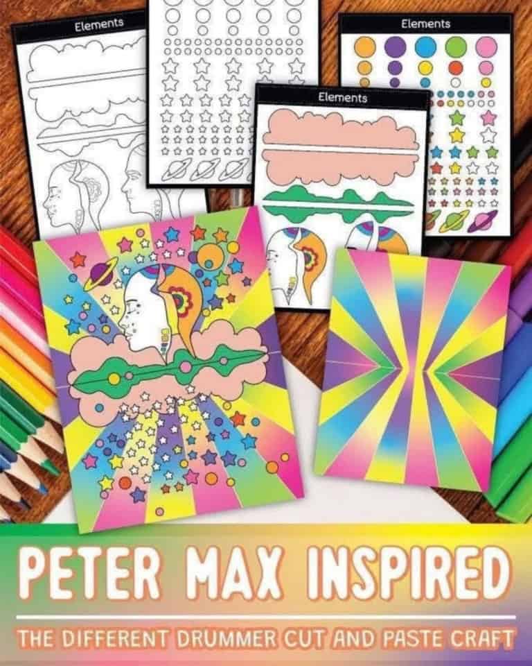 Colorful craft supplies and paper cutouts inspired by peter max art style.