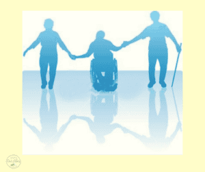 Outline illustration of three students holding hands, including one student with a visible disability, representing inclusion and friendship.