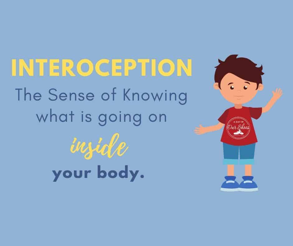 A boy in a blue shirt with the words interoception activities senses what is going on in his body.