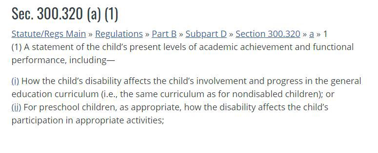 Section of idea describing the present levels section of the iep