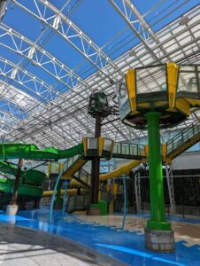 An indoor water park with vibrant slides at atlantic city indoor waterpark.