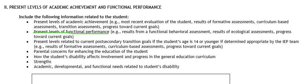 Present levels iep text description