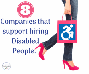 Companies that hire disabled people womans legs and hand holding a shopping bag with a wheelchair picture on it