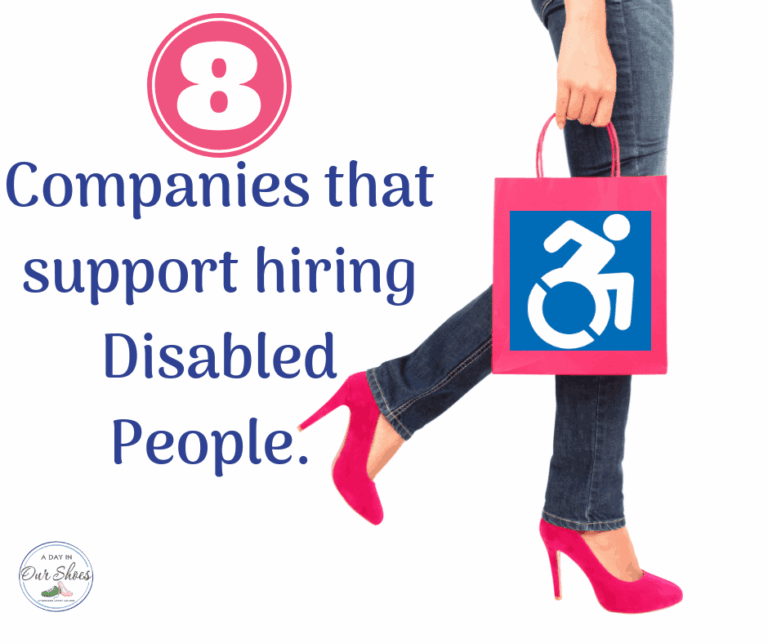 Companies that hire disabled people womans legs and hand holding a shopping bag with a wheelchair picture on it