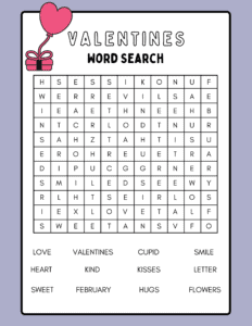 Valentine's day word search for kids and adults